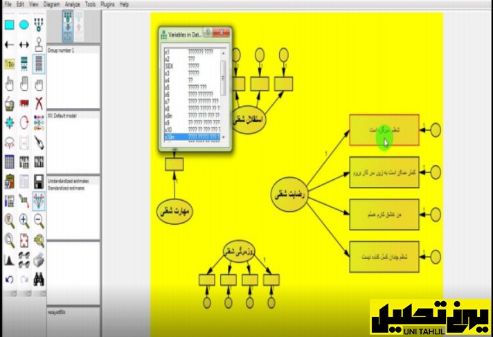 تحلیل مسیر به همراه تحلیل عامل در AMOS