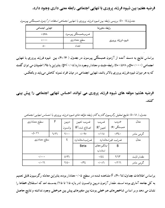 نمونه ای از تحلیل رابطه بین ادراکات از فرزندپروری مادر با احساس تنهایی در فرزندان