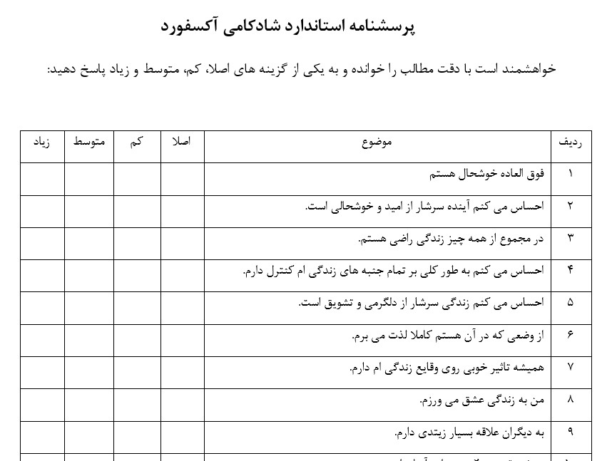 نمونه ای از پرسشنامه شادکامی آکسفورد