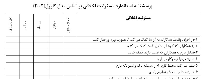 نمونه ای از پرسشنامه مسئولیت اخلاقی بر اساس مدل کارول